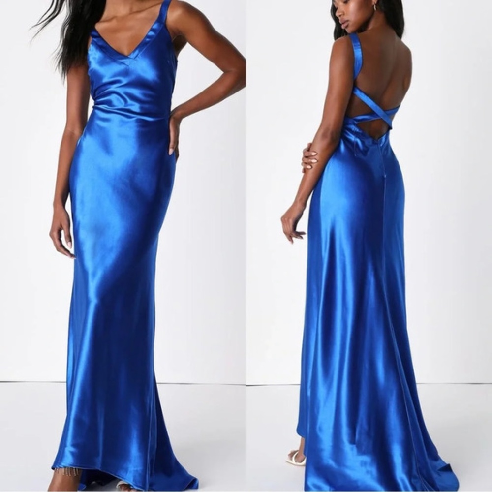 STUNNING HOLIDAY DRESS Lulu's Vibrant Blue Satin Gown - Picture 1 of 9